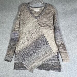 Knox Rose L Womens‎ V-Neck Asymmetrical Knit Sweater Grey Tan